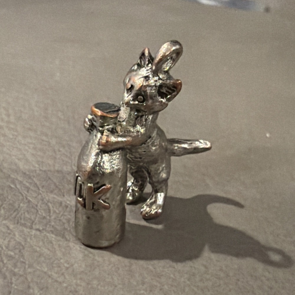 Vtg Solid Metal Cat And‎ Milk Bottle Silver-tone Charm Pewter?